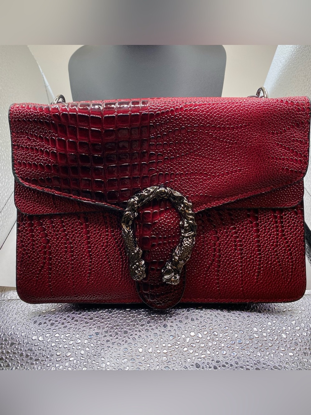 Red Croc-Embossed Leather Shoulder Bag with Decorative Metal Clasp